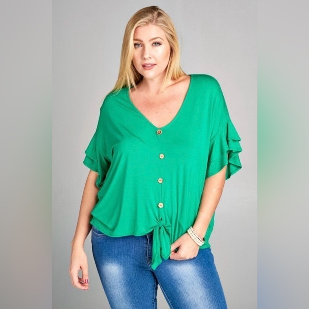 New!Plus Size JerseyV-Neck Two Tier Bell Sleeve Button Detail Tie Sizes …